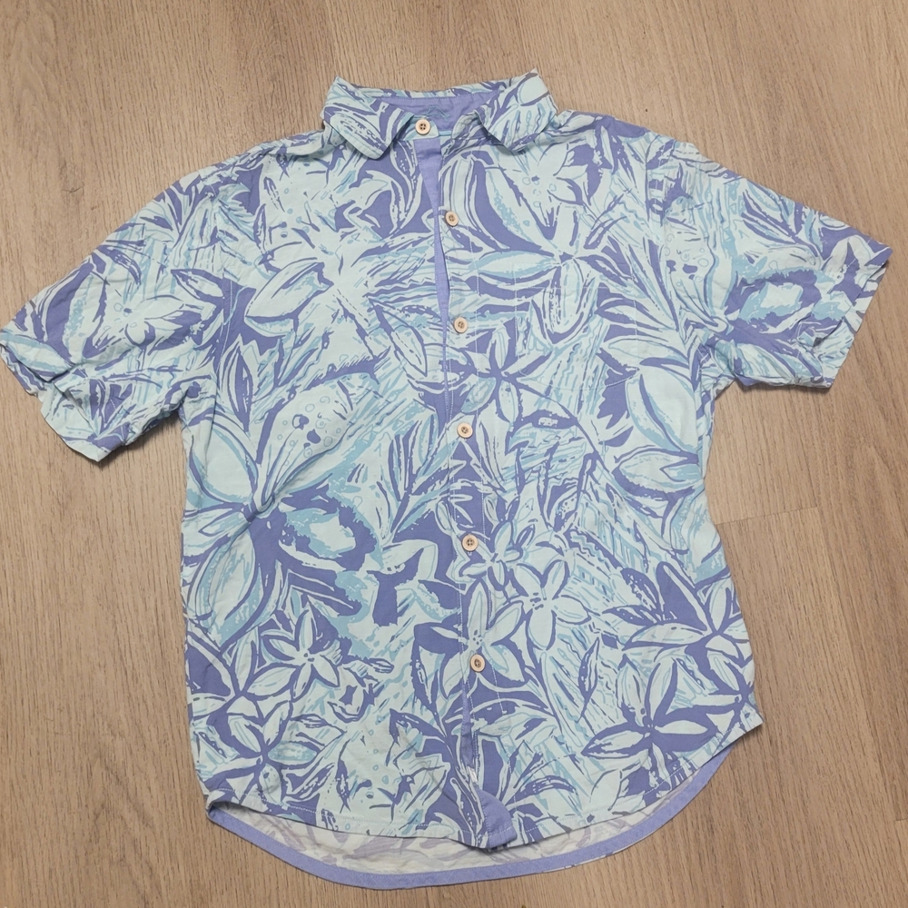 Tommy Bahama Summer Light Blue and Blue Floral Short-Sleeve Button-Down Size M